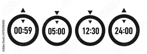 Four black and white timers displaying different times with arrows pointing upwards at the top edge