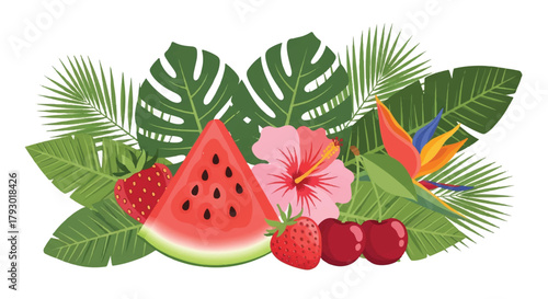 Tropical fruits and exotic hibiscus flowers are presented in a flat 2D vector illustration featuring watermelon, cherries, and strawberries isolated on a clean white background.