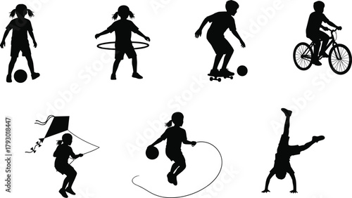 Silhouette of children playing outdoor activities, riding bicycle, jumping rope, flying kite, hula hooping, skateboarding, exercising, active kids vector, cad drawing flat vector illustration