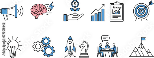 Business Strategy Icon Set, Marketing Concept, Solution Symbols in Outline Style