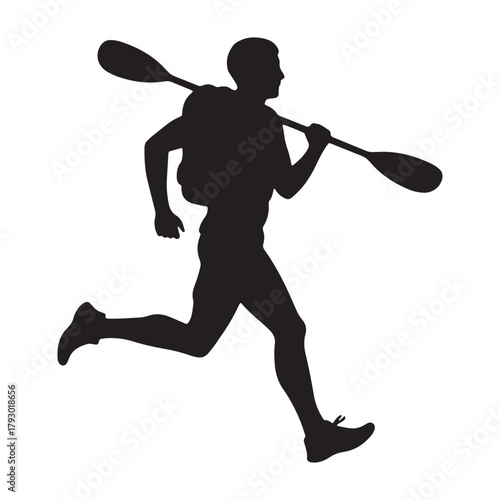 Silhouette of a person running with a kayak paddle Keywords: running, kayaking, silhouette