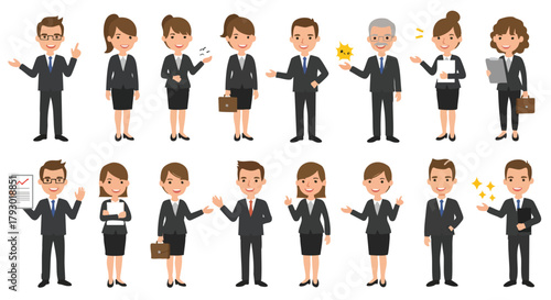 A diverse collection of professional business cartoon characters, including men and women in various engaging poses, suitable for corporate and