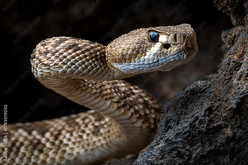 Fototapeta premium Intense Rattlesnake Portrait with Piercing Gaze and Detailed Scales Against Dark Rock