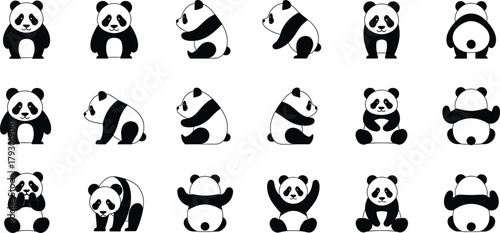 Cartoon panda illustrations, varied poses and orientations, black and white vector characters, cute animal design, minimal style, nature concept, playful artwork