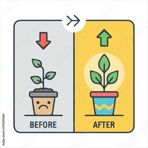 Plant growth comparison before and after care illustration Art & Illustration