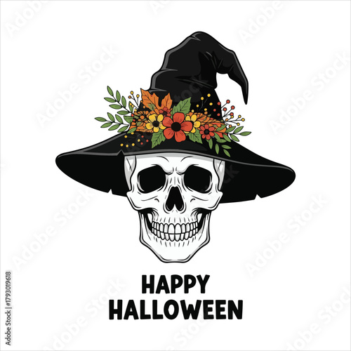 Spooky skull wearing a witch hat decorated with autumn flowers Art & Illustration