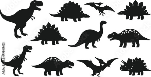 Dinosaur silhouette illustrations, prehistoric species variety, black vector animals, educational design, minimal style, fossil concept, creature shapes, natural history art