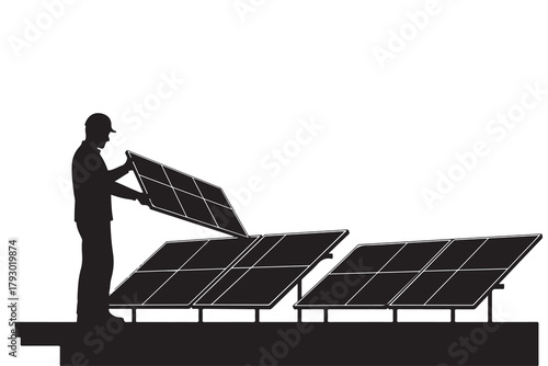 Silhouette of worker installing solar panels