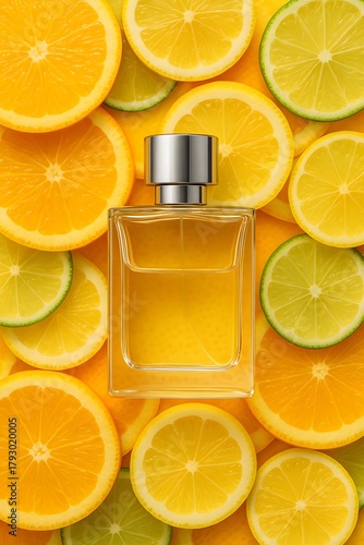 perfume bottle with orange and lime fruit slices background