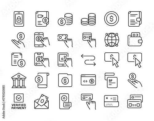 Digital payment finance outline icons set for online banking and transaction