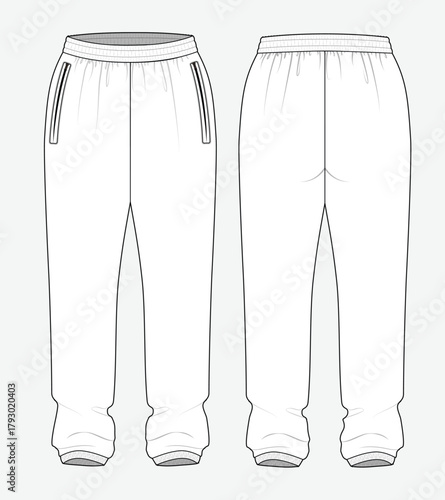 Ladies joggers front and back view vector design mockup template technical flat drawing.
