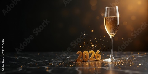 Gold 2026 numbers & champagne flute on black marble — luxury NYE banner