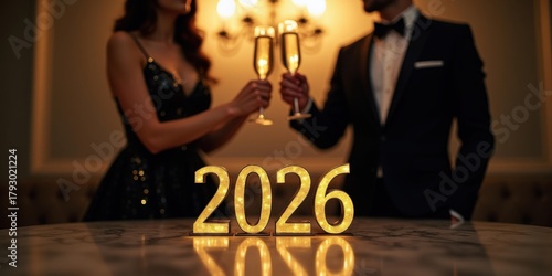Luxury New Year's Eve 2026 Banner — Gold '2026' on Marble, Couple Champagne Toast