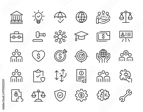Government finance legal service outline icons set for public and business
