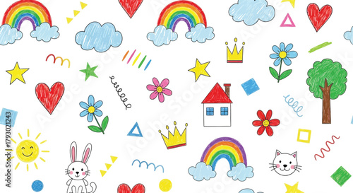 Childlike Colorful Doodle Pattern with Rainbows, Hearts, Bunny on White Background