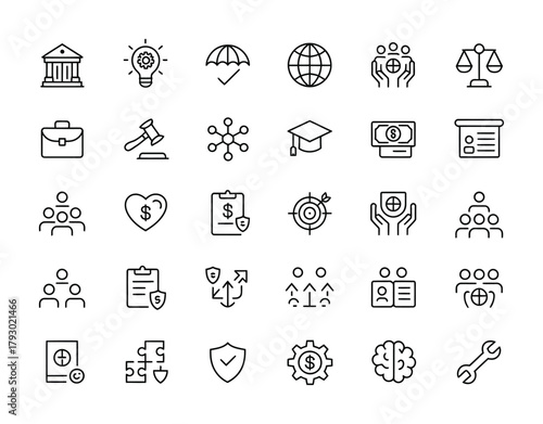 Finance law government outline icons set for legal and public service