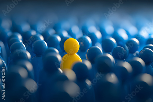 Lone yellow figure standing prominently in a symbolic crowd scene