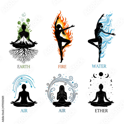 "Five Element Yoga Poses with Earth, Fire, Air, Water, and Ether Symbols – Spiritual Balance Vector Illustration"

