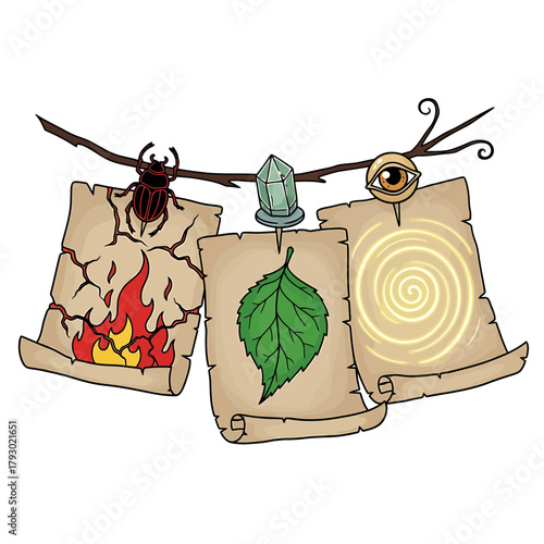 Four Element Symbols Hanging on Tree Branch – Magical Nature Design with Fire, Earth, Air, and Water Concepts

