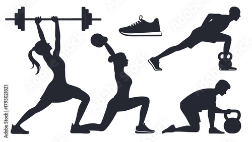 Silhouette illustrations of people performing various fitness exercises with weights and a shoe icon set