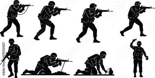 Soldier silhouette illustrations, tactical combat poses and gear details, black vector figures, military movement study, defense concept, minimal design, battlefield art