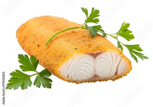 Golden breaded fish finger with fresh parsley garnish isolated on transparent background