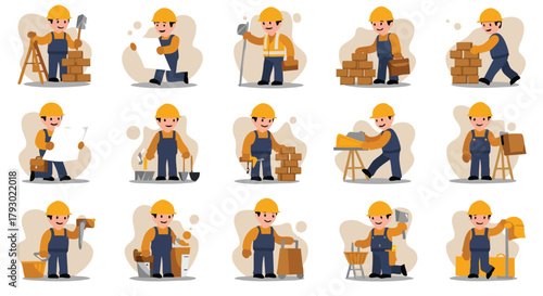 A comprehensive collection of flat design construction worker illustrations engaged in various building and renovation activities with tools