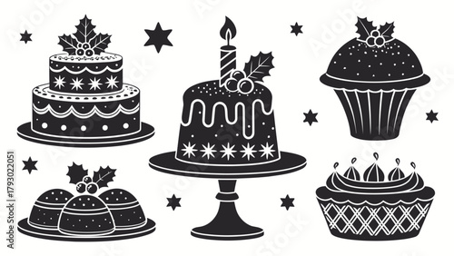 A collection of christmas themed cakes and desserts in black and white with star decorations around them
