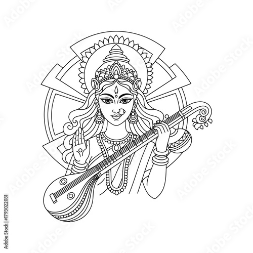 Goddess Saraswati vector illustration Hindu deity with veena instrument outline