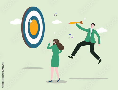 The illustration shows a man aiming a dart at a bullseye, symbolizing focus, determination, and goal achievement. It represents the pursuit of clear objectives and the drive for professional success.