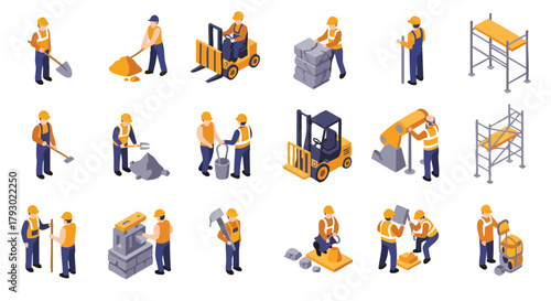 Isometric construction workers and building equipment icons on white background illustrating various tasks and industrial tools used in architecture