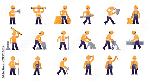 A comprehensive collection of diverse flat design construction worker characters engaged in various building site tasks with essential tools