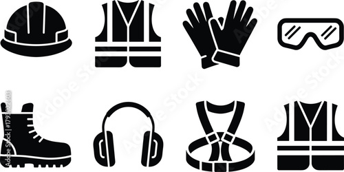 Construction safety equipment icons, personal protective gear, helmet, gloves, goggles, boots, harness, ear protection, safety vest, industrial workplace protection.