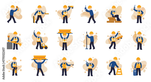 A comprehensive collection of diverse construction worker illustrations, depicting various roles and tools used in building and site management