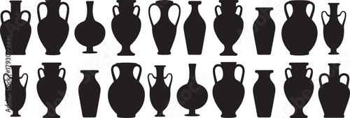Collection of Ancient Greek Pottery Silhouettes on White Background