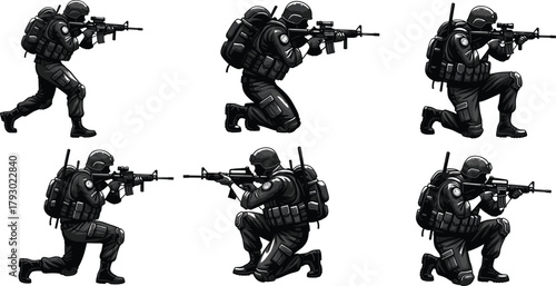 Tactical soldier illustrations, various shooting stances, black vector figures, military gear detail, combat pose study, minimal design, training concept, defense art
