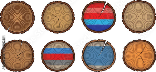 Collection of Natural Tree Rings Cartoon Cross Section on White Background
