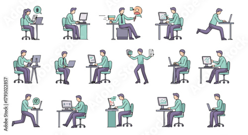 Diverse digital workspace illustrations depicting individuals engaged in various computer-based tasks, showcasing modern office productivity and