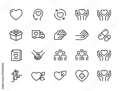 Charity donation community care and volunteer line icon set