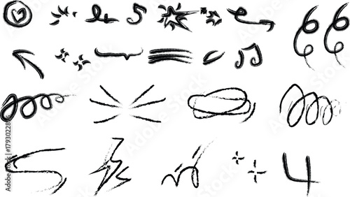 Expressive Symbols: A collection of various hand-drawn ink icons and designs. Each element, crafted with free-flowing strokes, captures spontaneity and personality, ideal for creative projects.