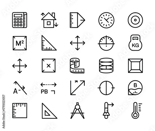 Measurement geometry and engineering line icon set