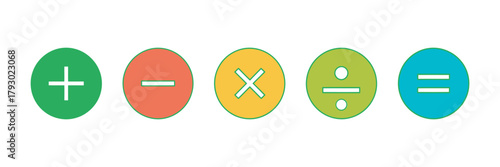 Set of colorful circular icons with basic mathematical operation symbols