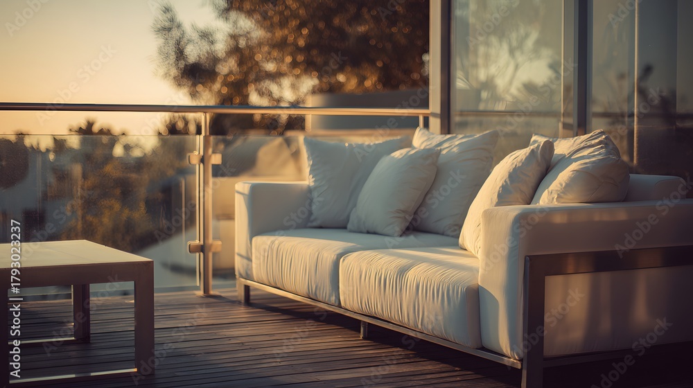 Obraz premium Comfortable outdoor seating area overlooks a hazy sunset landscape from an elevated deck