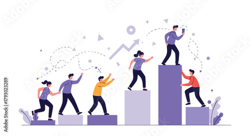 Team members collaborating to climb a career ladder towards success and digital achievement representing business growth and collective advancement