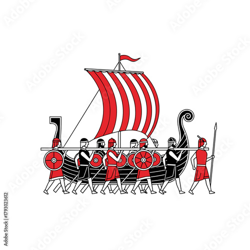 Group of stylized figures carrying a longship in celebration of fire festival, concept of Up Helly Aa  