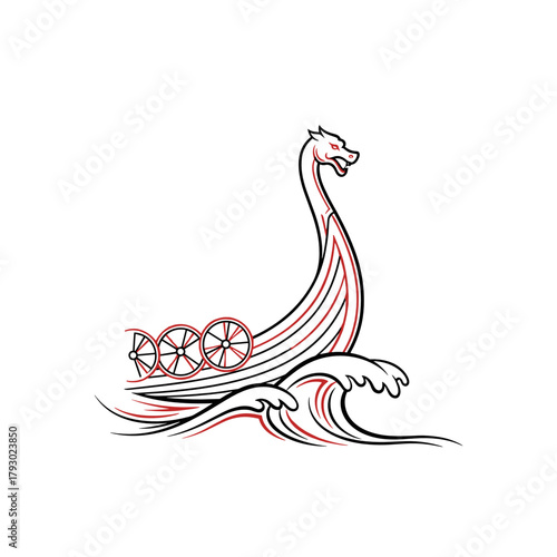 Viking longship prow cutting through stylized waves in abstract design  