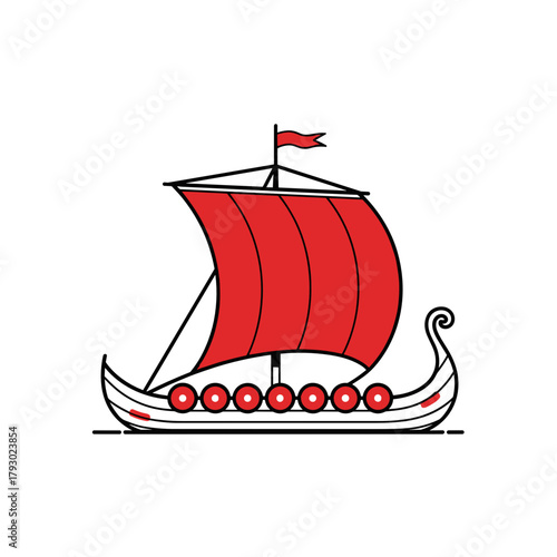 Stylized Viking longship with geometric sail and red accents  