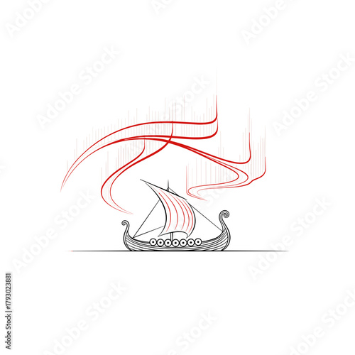 Abstract longship with Northern Lights in red hues for Up Helly Aa  