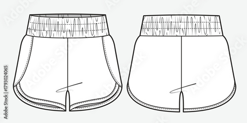 Women's running shorts front and back view flat drawing vector mockup template.