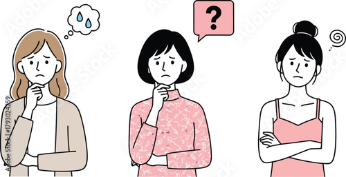 Worried and Confused Women Set: Diverse Female Characters Thinking, Pondering Problems, Anxiety, Doubt, and Mental Stress Illustration